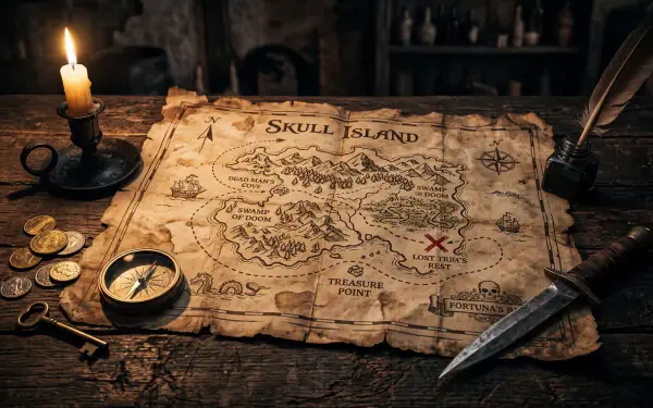 5K Ultra HD PC Desktop Wallpaper and Background: aged treasure map of Skull Island on a wooden table with compass, coins, candle, quill and dagger—X marks the spot.