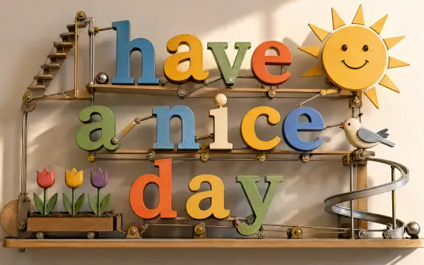 4K Ultra HD PC desktop wallpaper and background showing a playful wooden contraption with colorful letters reading 'have a nice day', a smiling sun, tulips, birds and a marble run.