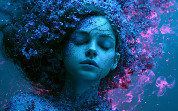 Aesthetic portrait of a woman with closed eyes, surrounded by blue-purple floral textures and ethereal smoke; 2K Quad HD PC desktop wallpaper and background.