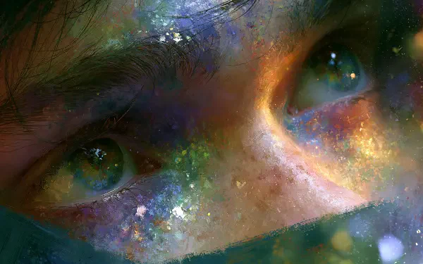 2K Quad HD PC desktop wallpaper: close-up of a woman's face and eyes, cosmic colors and glitter across skin merging into a nebulous galaxy.