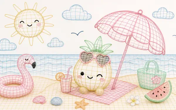 Cute summer 4K Ultra HD PC desktop wallpaper and background: kawaii pineapple with heart sunglasses on a beach mat under an umbrella, flamingo float, watermelon slice, seashells and smiling sun.