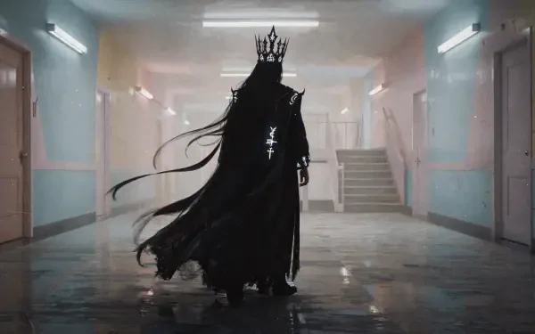 Dark King in a tattered cloak and crown stands in a dim, reflective hallway, backlit by harsh fluorescent lights — 4K Ultra HD PC desktop wallpaper/background.
