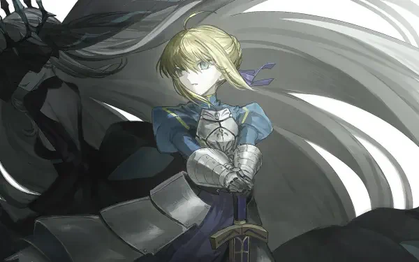 Anime HD PC desktop wallpaper and background: armored blonde knight in blue dress holding a sword, pale face illuminated against a swirling dark cloak and horse silhouette.