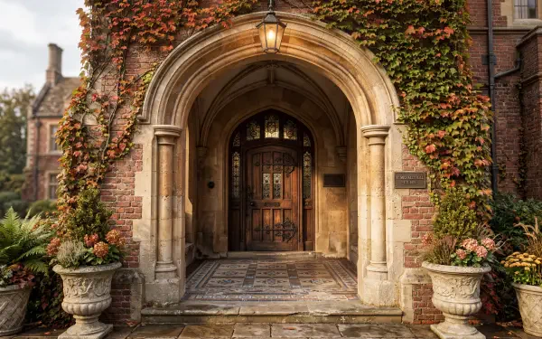 Stone arched entrance with ornate wooden door, warm lantern light, climbing autumn ivy and stone planters — 5K Ultra HD PC desktop wallpaper/background.