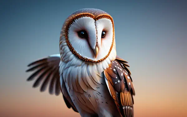 Barn owl at dusk with detailed feathers and soft bokeh — 5K Ultra HD PC desktop wallpaper and background.