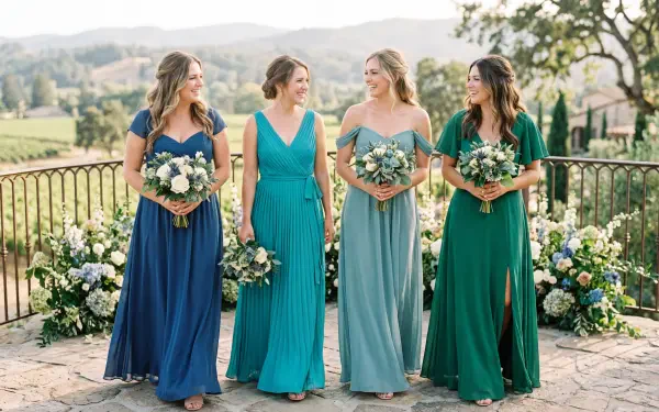 Four bridesmaids in blue-green bridesmaid dresses holding bouquets on a sunlit terrace overlooking vineyards — 5K Ultra HD PC desktop wallpaper and background.