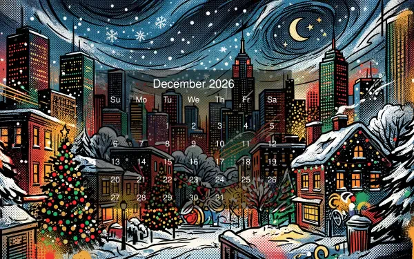 Snowy city night with crescent moon, lit houses and Christmas tree; December 2026 calendar overlaid — 5K Ultra HD PC desktop wallpaper.
