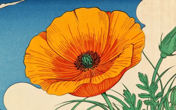 Close-up illustration of a vibrant orange California poppy with green foliage against a blue sky — 5K Ultra HD PC desktop wallpaper/background.