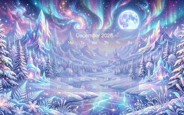 December 2026 calendar over a dreamy pastel winter fantasy landscape with aurora, full moon, crystalline mountains and frozen lake — 5K Ultra HD PC desktop wallpaper and background.