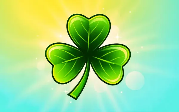 Stylized green shamrock with glowing edges against a sunlit blue-green-yellow gradient and light rays — 4K Ultra HD PC desktop wallpaper background.