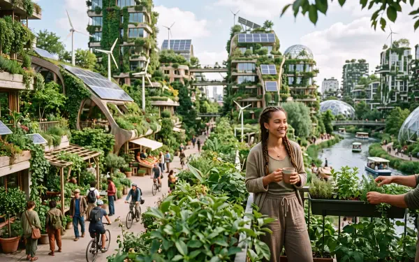 Solarpunk 5K Ultra HD PC desktop wallpaper and background: lush green futuristic city with solar-paneled towers, canals, terraces and people biking and strolling under a bright sky.