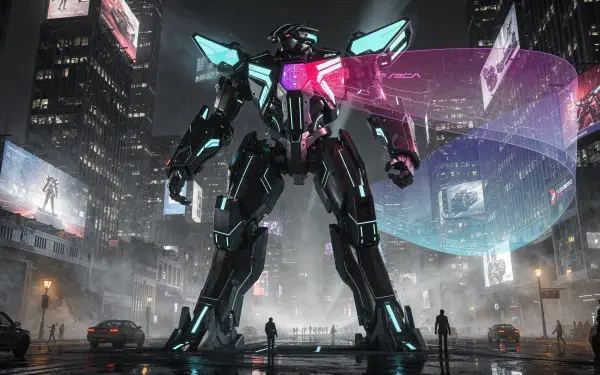 4K Ultra HD PC desktop wallpaper: towering neon-lit giant mech looms over a rainy cyberpunk city, holographic billboards and tiny figures at its feet.
