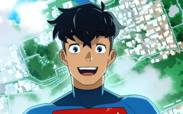 My Adventures With Superman 4K Ultra HD PC desktop wallpaper and background: smiling young Superman in blue suit with red S, looking up above a sunlit cityscape.
