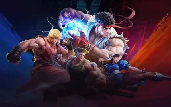 Street Fighter 6 4K Ultra HD PC wallpaper: Ryu, Ken, Chun-Li, Guile and Luke in dynamic battle stances against a blue-and-red energy backdrop.