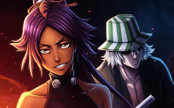 5K Ultra HD PC desktop anime wallpaper of Bleach: Thousand-Year Blood War — Yoruichi Shihôin in foreground with Kisuke Urahara behind, dramatic lighting and vivid colors.