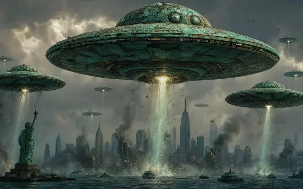 UFO invasion 4K Ultra HD PC Desktop Wallpaper and Background — giant green saucers hover over a stormy city, beams of light strike the water near the Statue of Liberty.