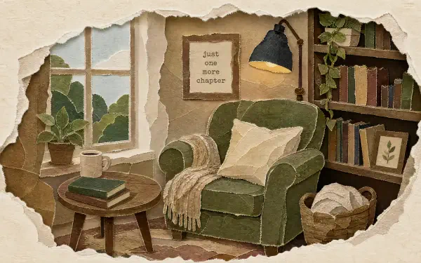 Cozy reading nook illustration: green armchair with throw, side table with books, window light, wall lamp and bookshelf — 4K Ultra HD PC desktop wallpaper and background.