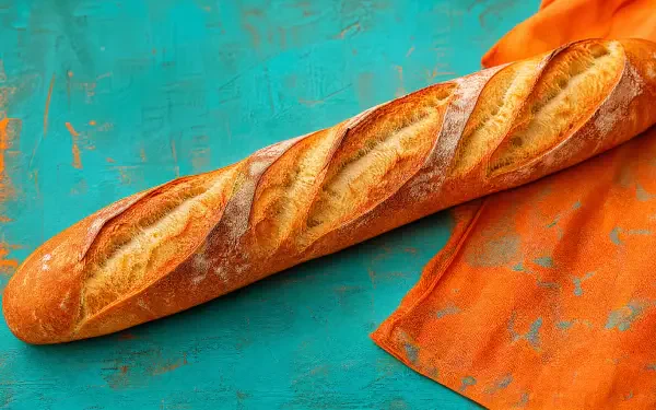 4K Ultra HD PC desktop wallpaper and background showing a golden baguette on a turquoise surface with an orange cloth.