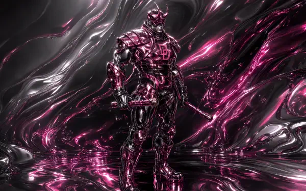 Marvel Rivals 4K Ultra HD PC Desktop Wallpaper and Background — reflective magenta-armored warrior stands on a mirrored surface, holding weapons amid swirling metallic black and purple energy.