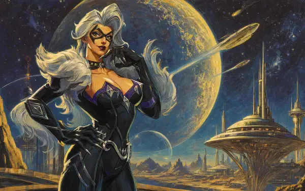 Black Cat in a sleek black suit with white hair poses before an alien city and huge moon — Marvel Rivals 4K Ultra HD PC desktop wallpaper and background.