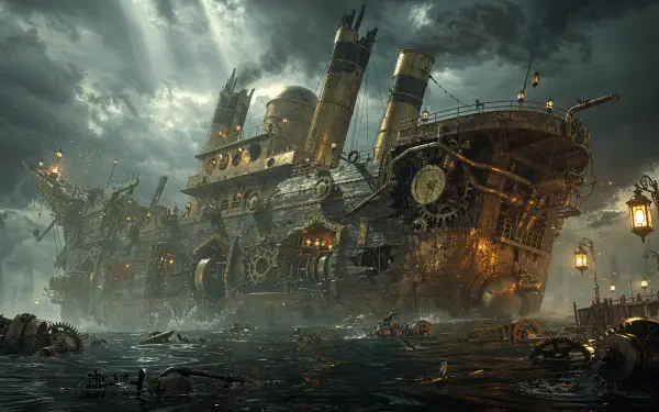 4K Ultra HD PC desktop wallpaper and background: lantern-lit steampunk shipwreck looms in stormy seas, shattered decks and floating debris beneath brooding clouds.