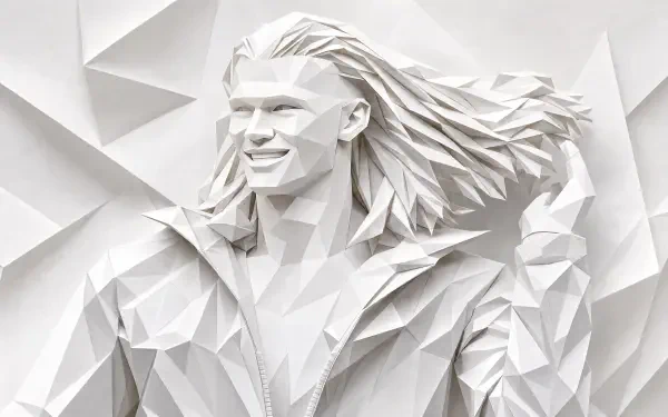 4K Ultra HD PC desktop wallpaper: white low-poly sculpture portrait of a smiling long-haired male footballer in faceted geometric style.