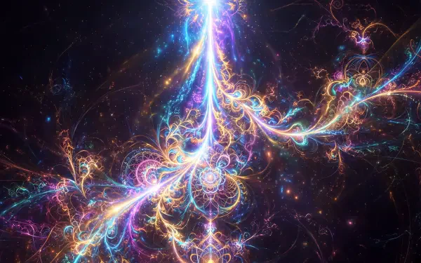 5K Ultra HD PC desktop wallpaper: a radiant vertical beam of light piercing a cosmic fractal of colorful swirling filaments and glowing nebulae.