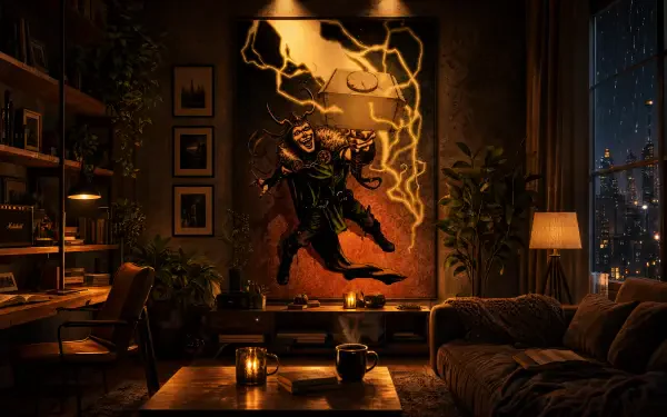 Cozy nighttime living room featuring a 4K Ultra HD PC Desktop Wallpaper and Background of Loki (Marvel Comics) surrounded by lightning, warm lamps, plants, and a city skyline outside the window.