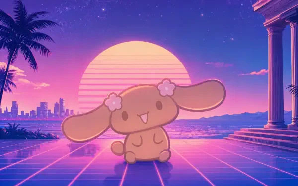 Lovelymocha plush-like character on a neon grid beneath a pink synthwave sun, palm tree, city skyline and columns — 4K Ultra HD PC desktop wallpaper background.