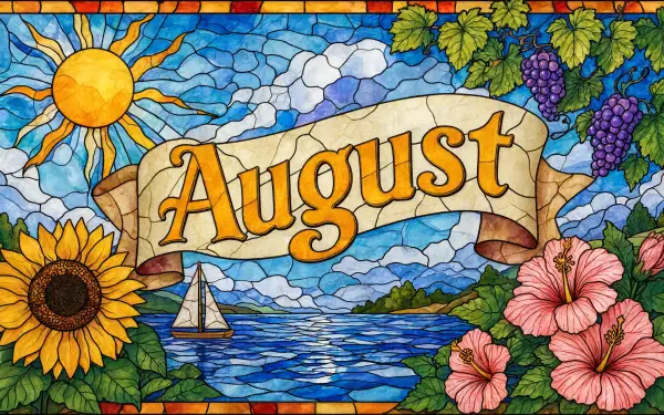 Stained-glass style illustration reading August over a sunny seaside with sailboat, sunflower, hibiscus and grapes — 5K Ultra HD PC desktop wallpaper and background.