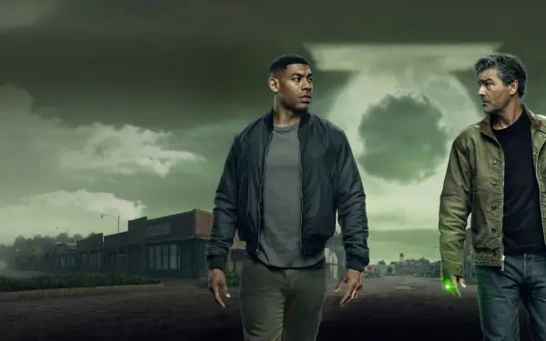 Lanterns (2026) 4K Ultra HD PC desktop wallpaper — two men walk a foggy, deserted street at dusk; one holds a faint green lantern beneath a brooding sky.