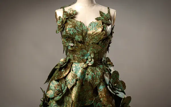 4K Ultra HD PC desktop wallpaper: ornate green floral dress with layered petal-like metallic fabric on a mannequin against a neutral studio backdrop.