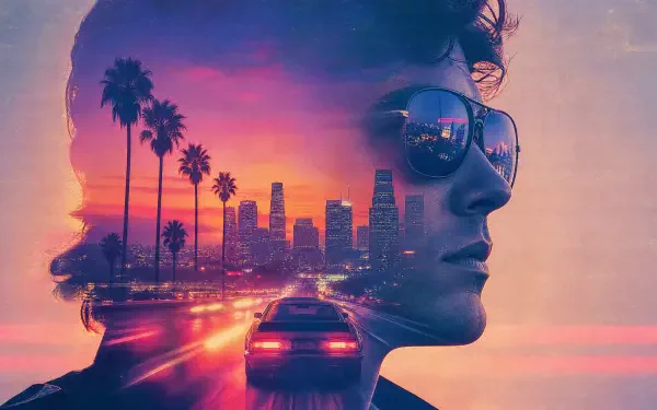 Retro 80s double-exposure 4K Ultra HD PC desktop wallpaper: profile silhouette with mirrored sunglasses, neon sunset over palm trees and a city skyline with streaking car lights.