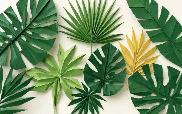 5K Ultra HD PC desktop wallpaper showing assorted green and yellow tropical leaves arranged artfully on a pale background.