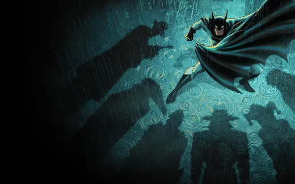 Batman: Caped Crusader TV show HD PC desktop wallpaper — Batman swoops forward with cape unfurled over a teal, textured backdrop, casting looming shadowy figures behind him.