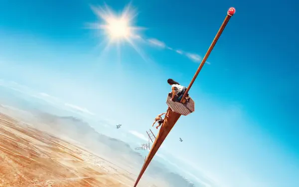Vertigo 4K Ultra HD PC desktop wallpaper and background: lone figure balancing on a long pole high above a sunlit desert, dizzying plunging perspective beneath a bright blue sky.