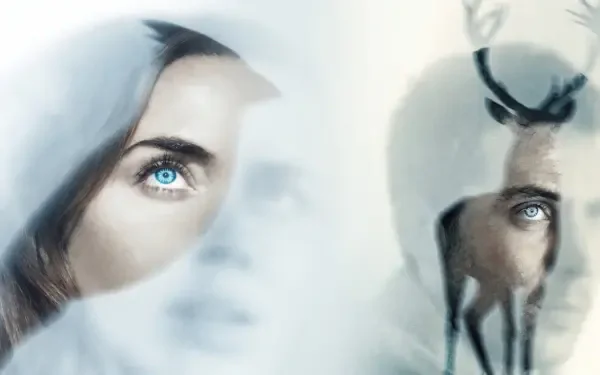 Disclosure Day 4K Ultra HD PC desktop wallpaper and background: ethereal double-exposure of two faces with bright blue eyes and a translucent deer silhouette in a pale, misty composition.
