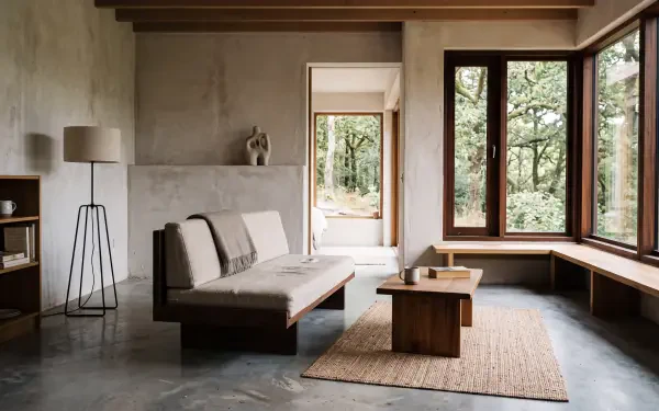Minimalist home interior: low-profile sofa, wooden coffee table and bench seating by large windows overlooking trees — 5K Ultra HD PC desktop wallpaper and background.
