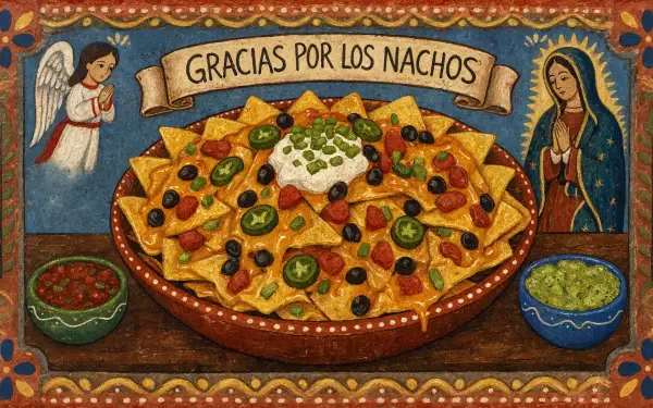 5K Ultra HD PC desktop wallpaper: colorful folk‑art scene of a bowl of nachos with jalapeños, olives and sour cream, flanked by bowls of salsa and guacamole and devotional figures.