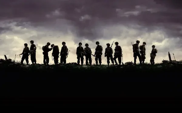 Band Of Brothers 4K Ultra HD PC desktop wallpaper: silhouetted soldiers stand along a ridge under a brooding purple-gray sky, high-contrast cinematic war scene background.