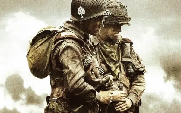 Band of Brothers HD PC desktop wallpaper and background: two World War II soldiers in helmets and gear, one supporting the other amid a smoky, war-torn landscape.