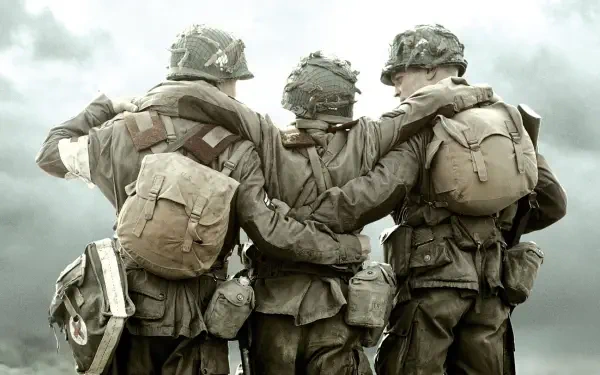 Band of Brothers 4K Ultra HD PC desktop wallpaper and background: three WWII soldiers in worn gear with arms linked, walking away under a cloudy, muted sky.