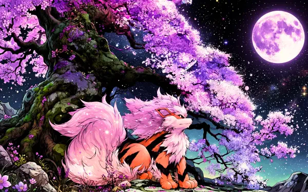 5K Ultra HD anime-style wallpaper of Arcanine under a glowing full moon amid pink sakura in a lucid-dream landscape — vivid, fantastical Pokémon desktop background.