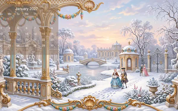 January 2027 calendar — ornate snowy palace garden with period-dressed figures, bridges and classical pavilions; 5K Ultra HD PC desktop wallpaper and background.