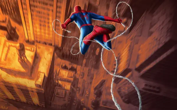 Spider-Man: Brand New Day 4K Ultra HD PC desktop wallpaper showing Spider-Man swinging over a sunlit city, webs trailing as he dives between towering skyscrapers.