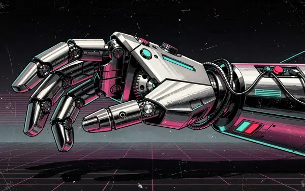 4K Ultra HD PC desktop wallpaper and background showing a chrome robotic hand with neon cyan and magenta accents reaching over a retro cyber grid.