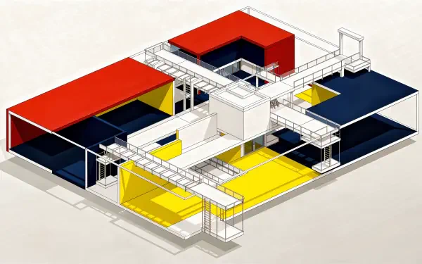 Cutaway view of a geometric architectural model in red, yellow, navy and white, floating structural walkways and open interiors — 4K Ultra HD PC desktop wallpaper/background.