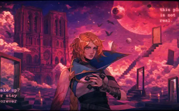Castlevania Belmont's Curse 4K Ultra HD PC desktop wallpaper: cloaked Belmont amid crimson cathedral ruins, floating stairways and moons beneath a blood-red sky.