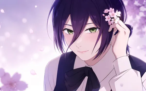 Anime reze 4K Ultra HD PC desktop wallpaper — purple-haired, green-eyed character smiling, holding cherry blossoms as petals fall against a soft lavender bokeh background.