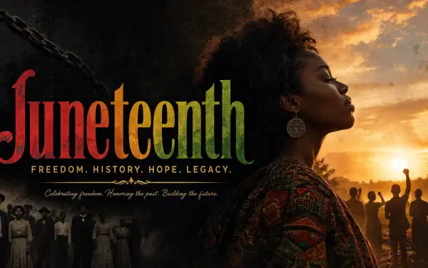 Juneteenth 5K Ultra HD desktop wallpaper — silhouette of a woman in profile at sunset, crowds celebrating and historic imagery with bold text evoking freedom, history and hope.